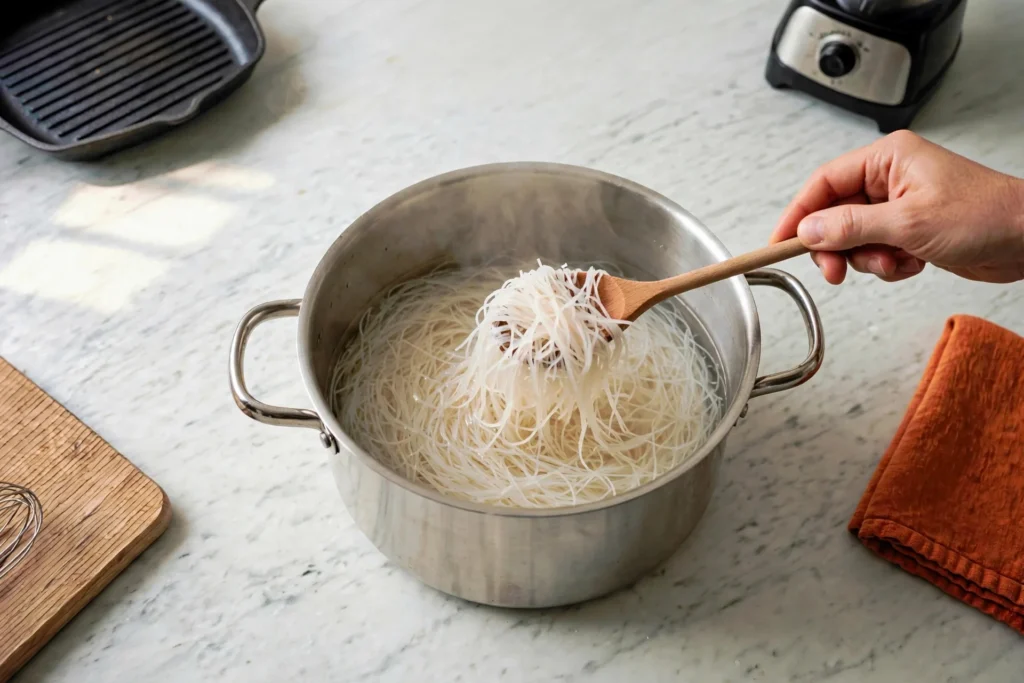 Cooking rice vermicelli noodles in a pot