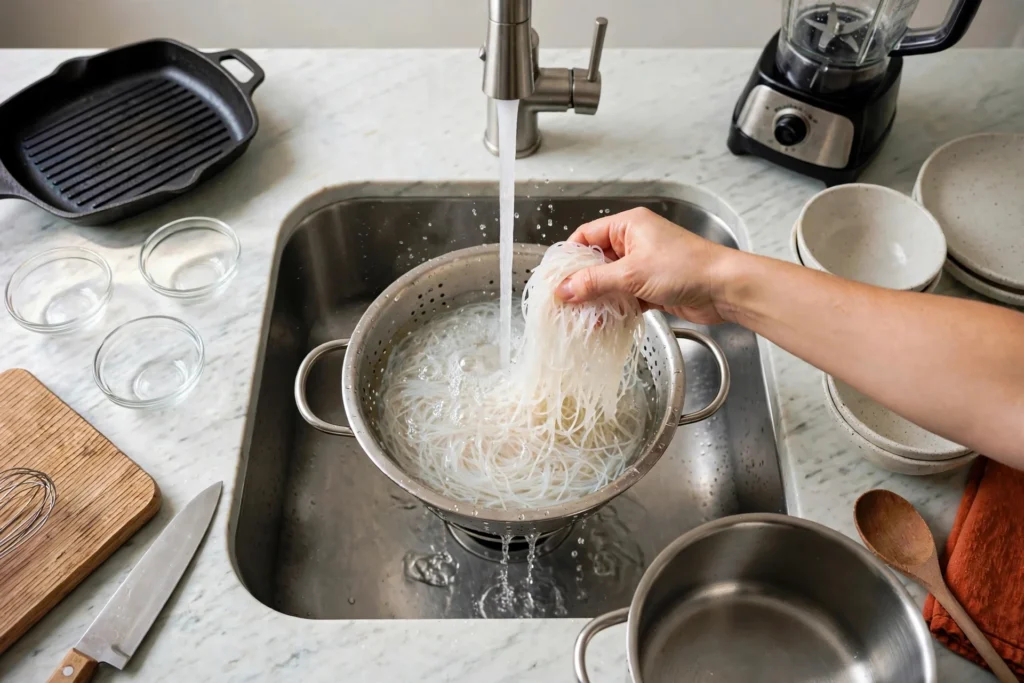 Rinsing cooked vermicelli under cold water in a colander