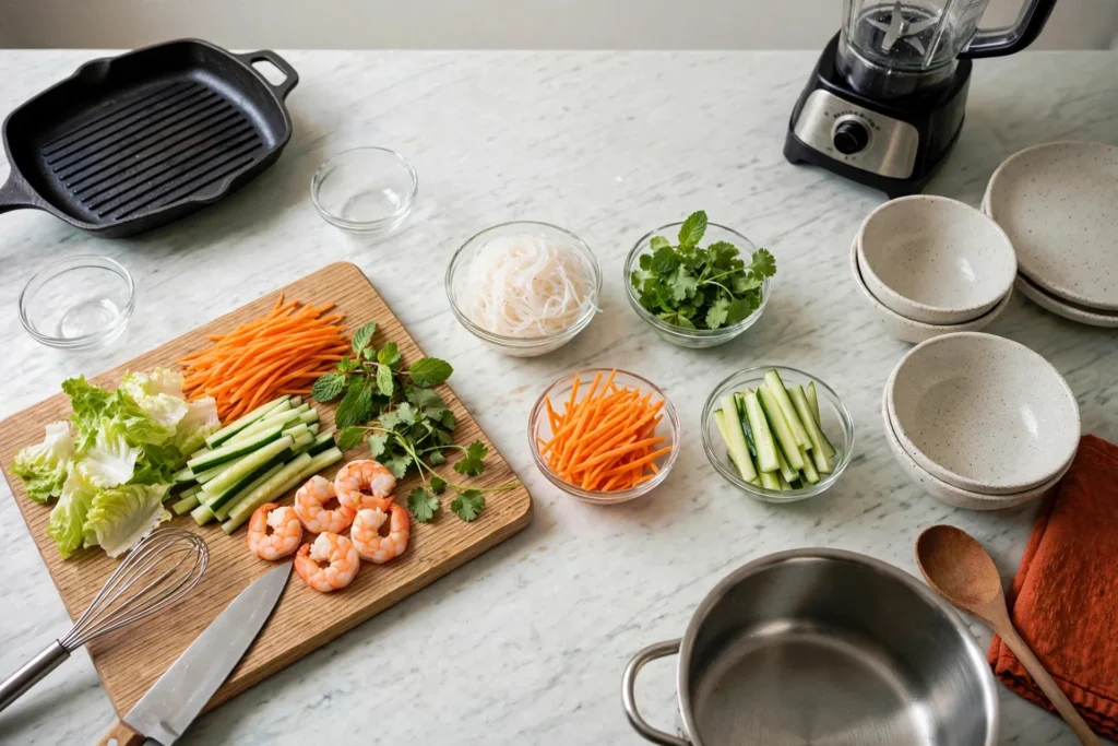 Spring roll fillings prepped on a wooden board