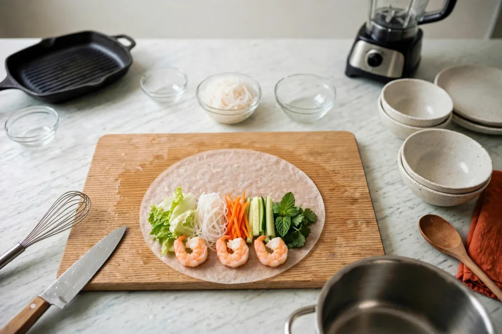 Layering fillings on a softened rice paper wrapper