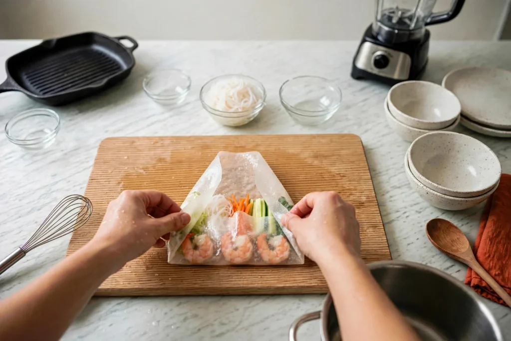 Folding sides of a rice paper wrapper over fillings