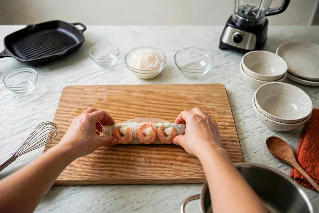 Rolling a fresh spring roll tight by hand