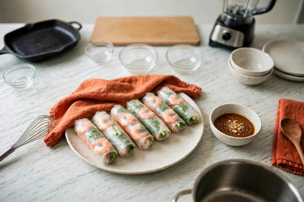 Finished fresh spring rolls lined up on a plate