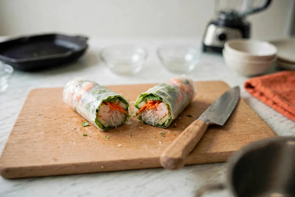 Spring roll cut in half showing colorful cross-section