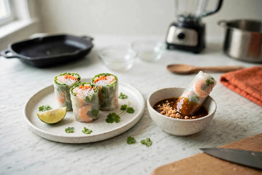 Halved spring rolls with peanut hoisin dipping sauce