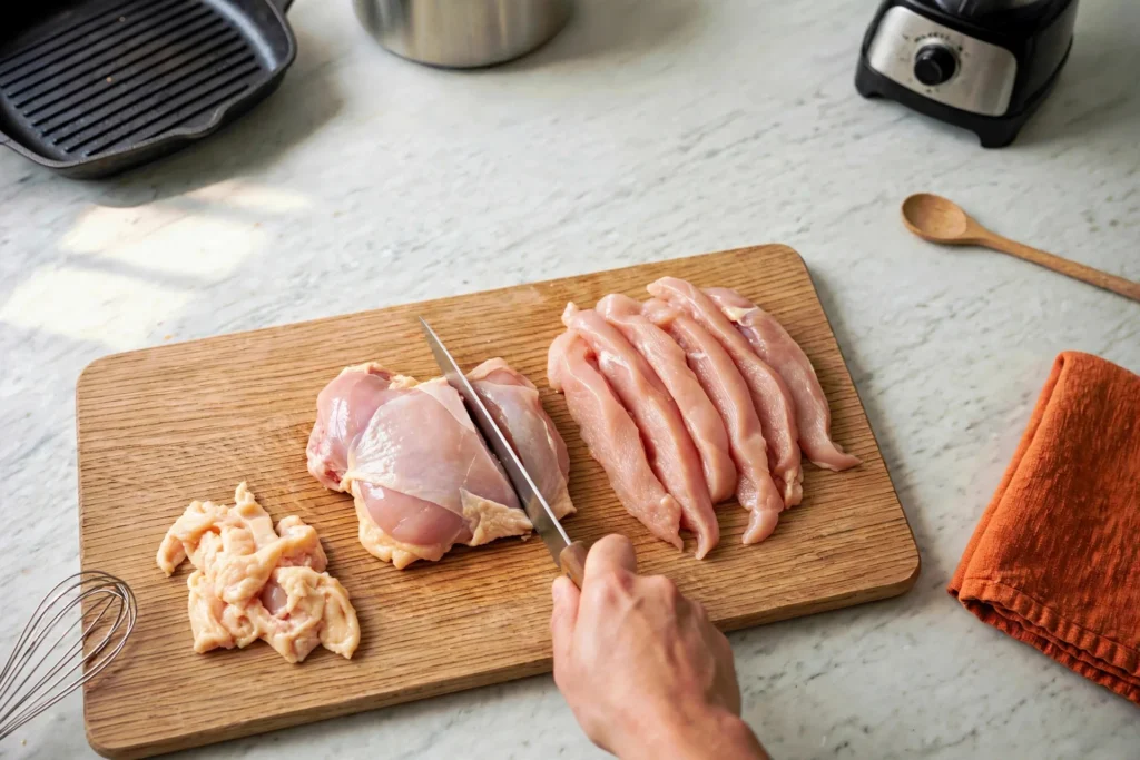 Slicing raw chicken thighs into long strips