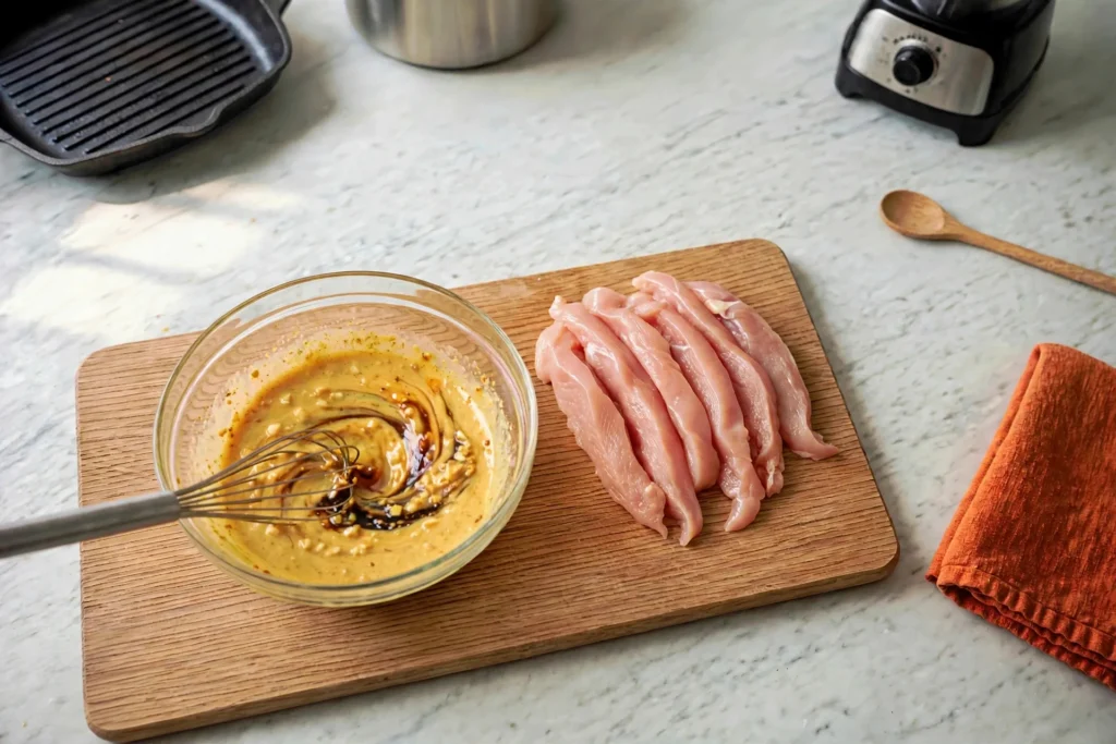 Whisking coconut-curry marinade until smooth