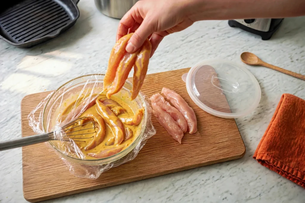 Coating chicken strips in curry marinade by hand