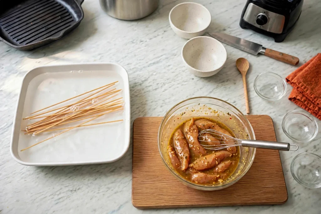 Wooden skewers soaking in a dish of water