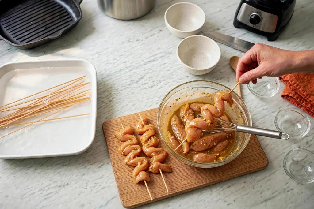 Threading marinated chicken onto a wooden skewer