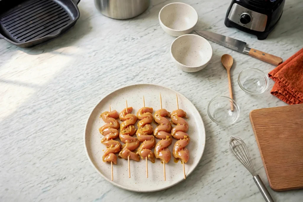 Marinated chicken skewers lined up on a plate