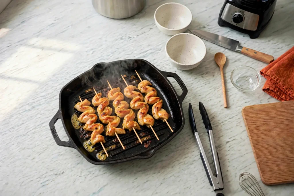 Searing chicken satay skewers on a grill pan