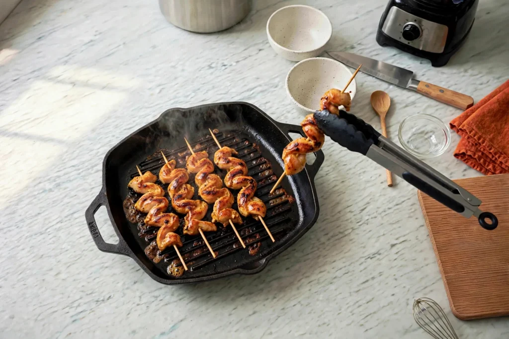 Flipped satay skewers with golden char marks