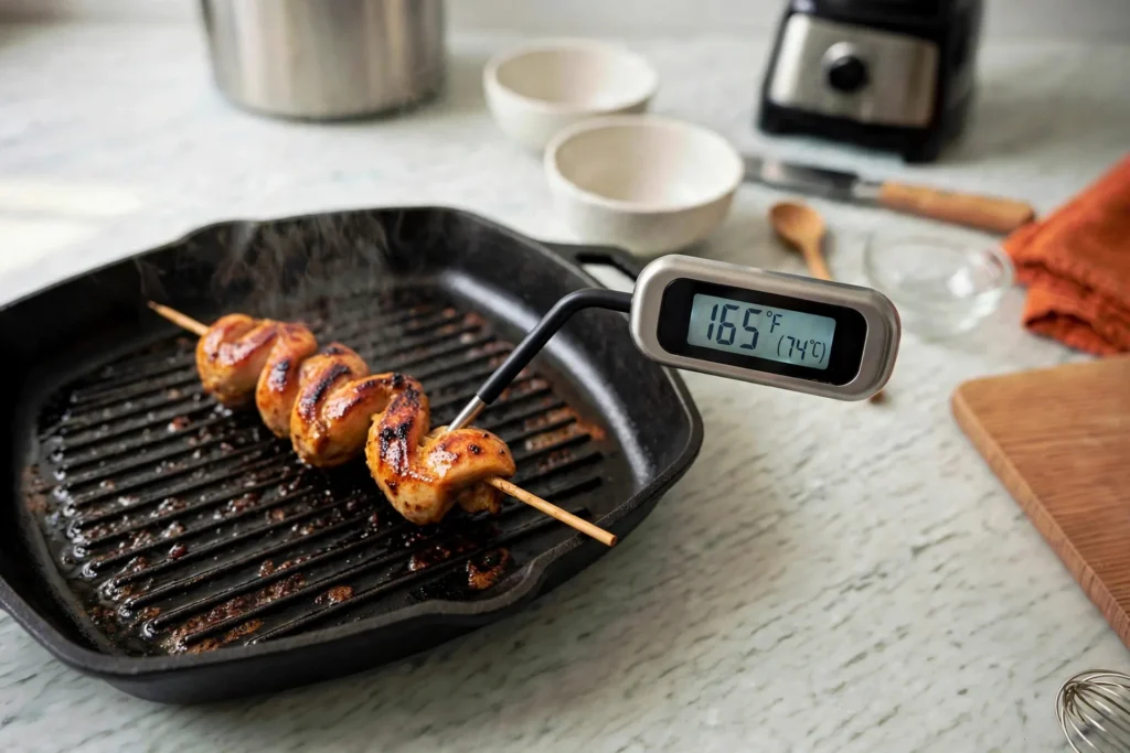 Thermometer reading 165°F in chicken satay