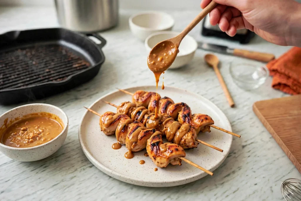 Drizzling peanut sauce over chicken satay skewers