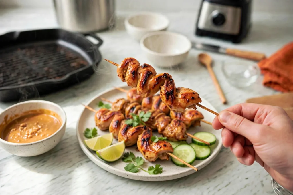 Chicken satay skewers with peanut dipping sauce and lime