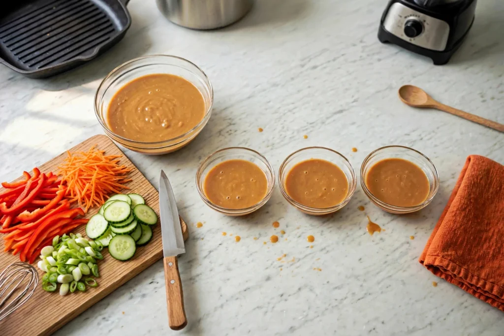 Julienned vegetables prepped for peanut noodles