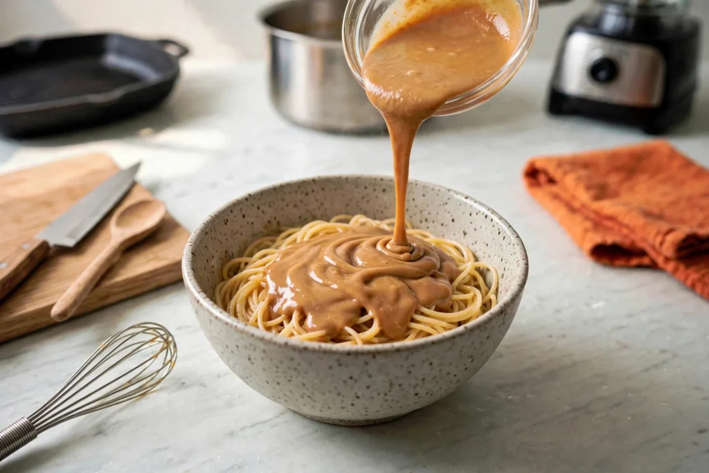 Pouring thinned peanut sauce over spaghetti