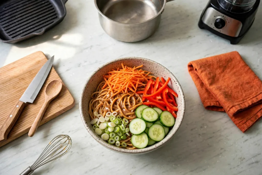 Vegetables piled over sauced peanut noodles