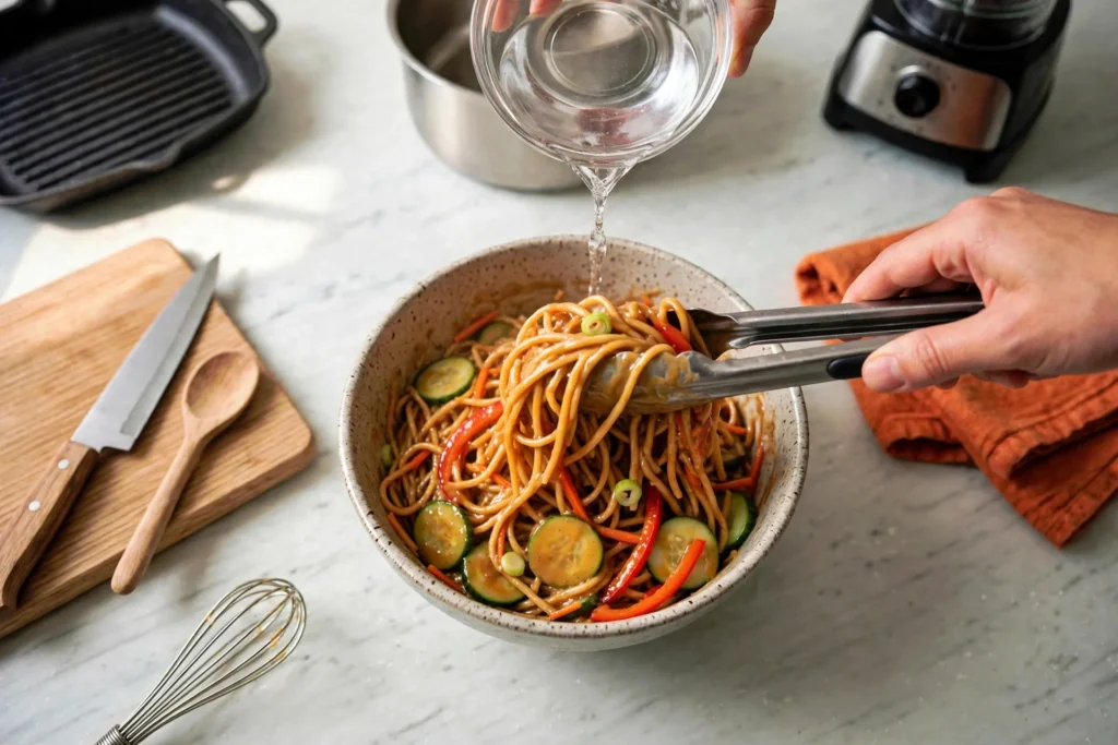 Tossing peanut noodles with tongs until coated