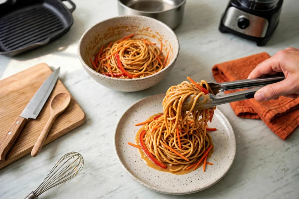 Twirling a nest of peanut noodles onto a plate