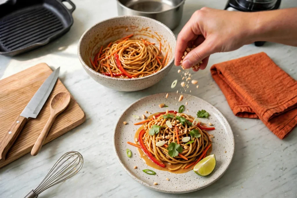 Garnishing peanut noodles with peanuts and herbs