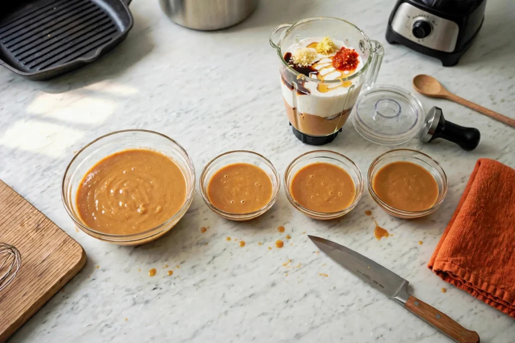 Creamy peanut sauce ingredients layered in a blender jar