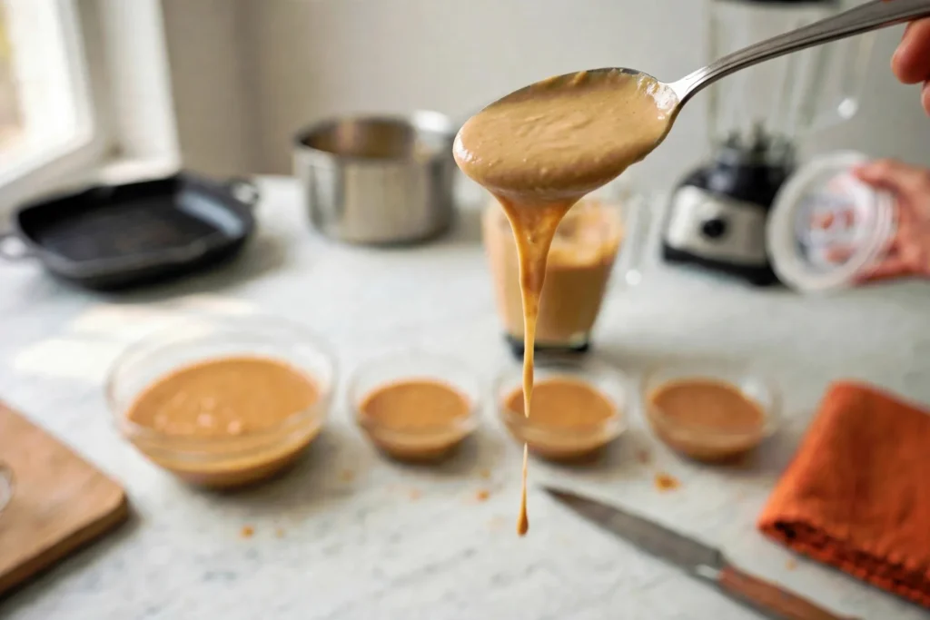 Spoon lifting silky creamy peanut sauce in a ribbon