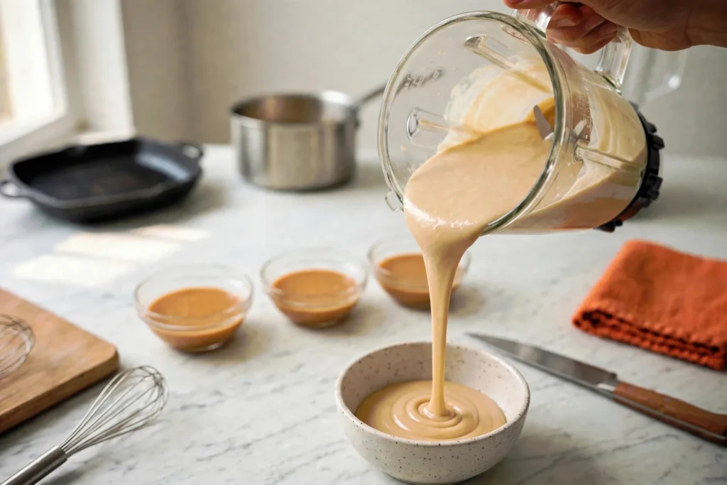 Pouring silky peanut sauce into a small bowl