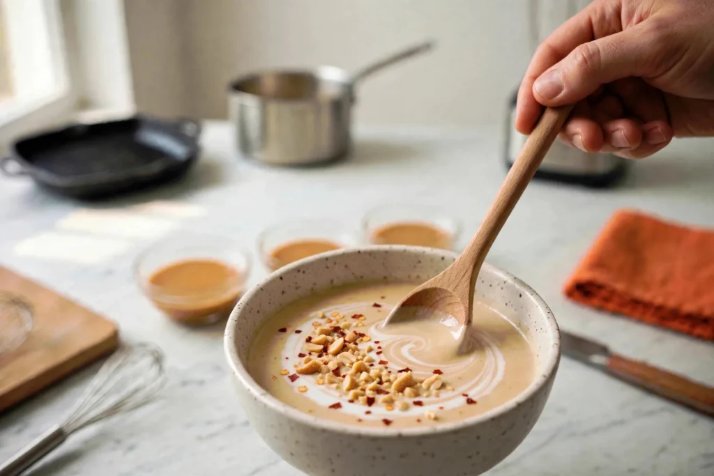 Coconut milk swirl and peanuts on creamy peanut dip