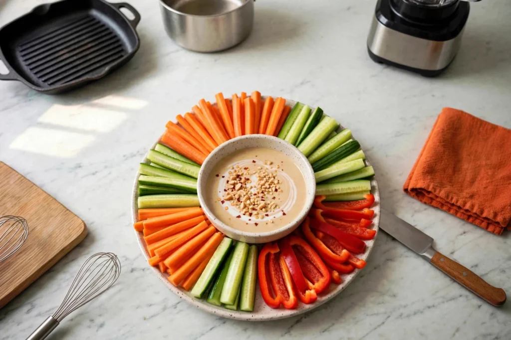 Vegetable sticks fanned around creamy peanut dip
