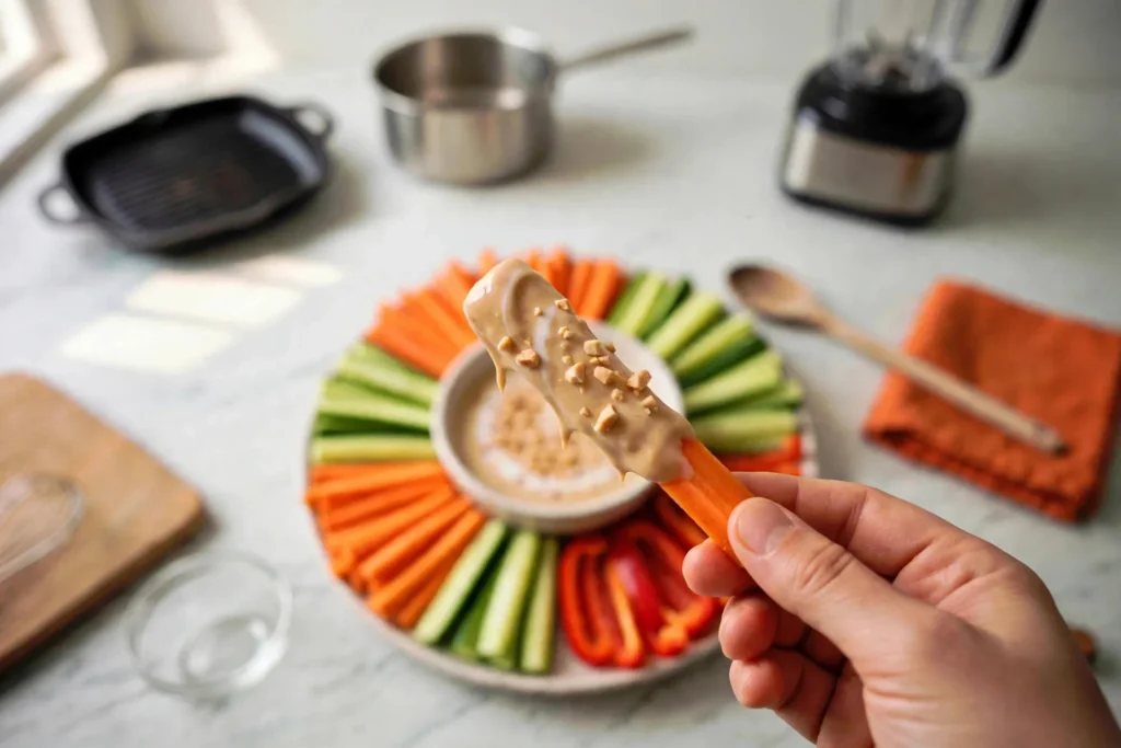 Carrot stick dipped in creamy peanut sauce, lifted