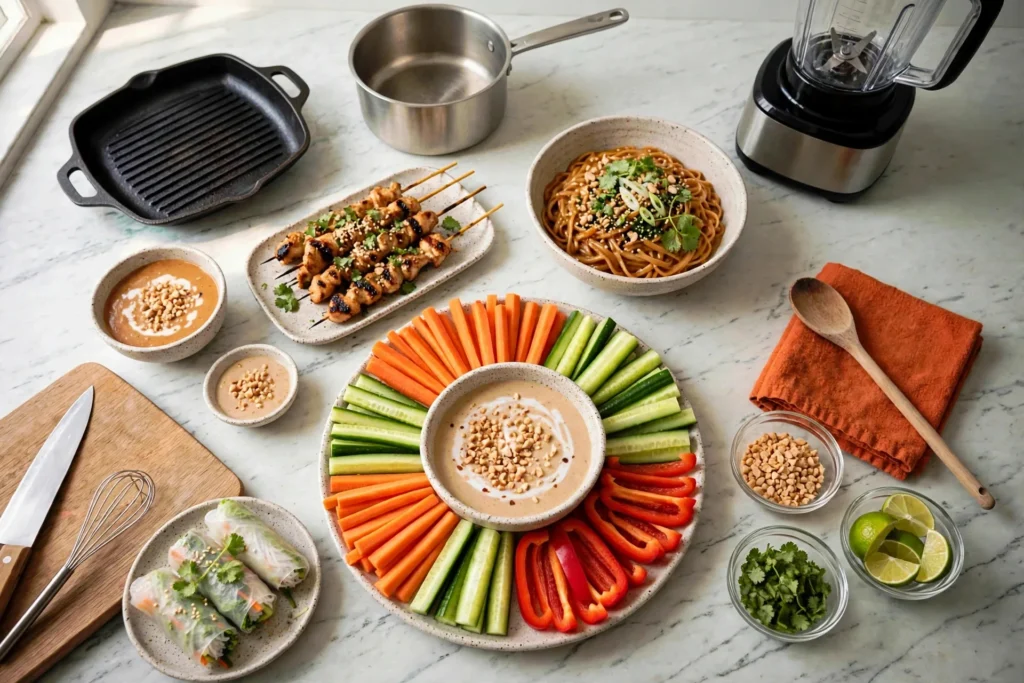All five Thai peanut sauce dishes on a marble counter