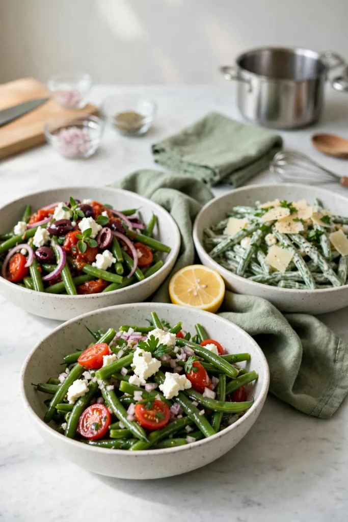 Three green bean salads in stoneware bowls: tomato feta, Mediterranean and creamy Parmesan
