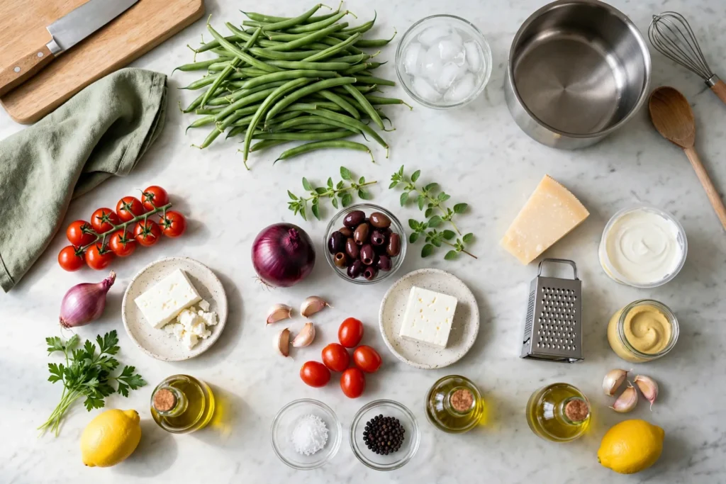 All ingredients for three green bean salads grouped on a marble counter