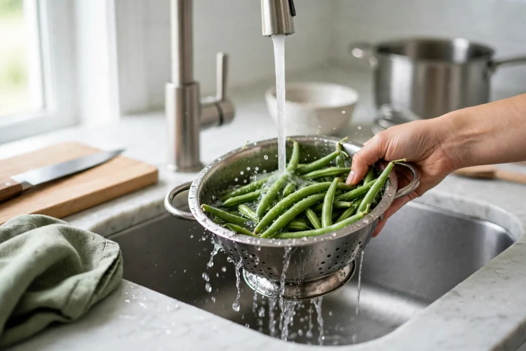 Rinsing fresh green beans in a colander under running water