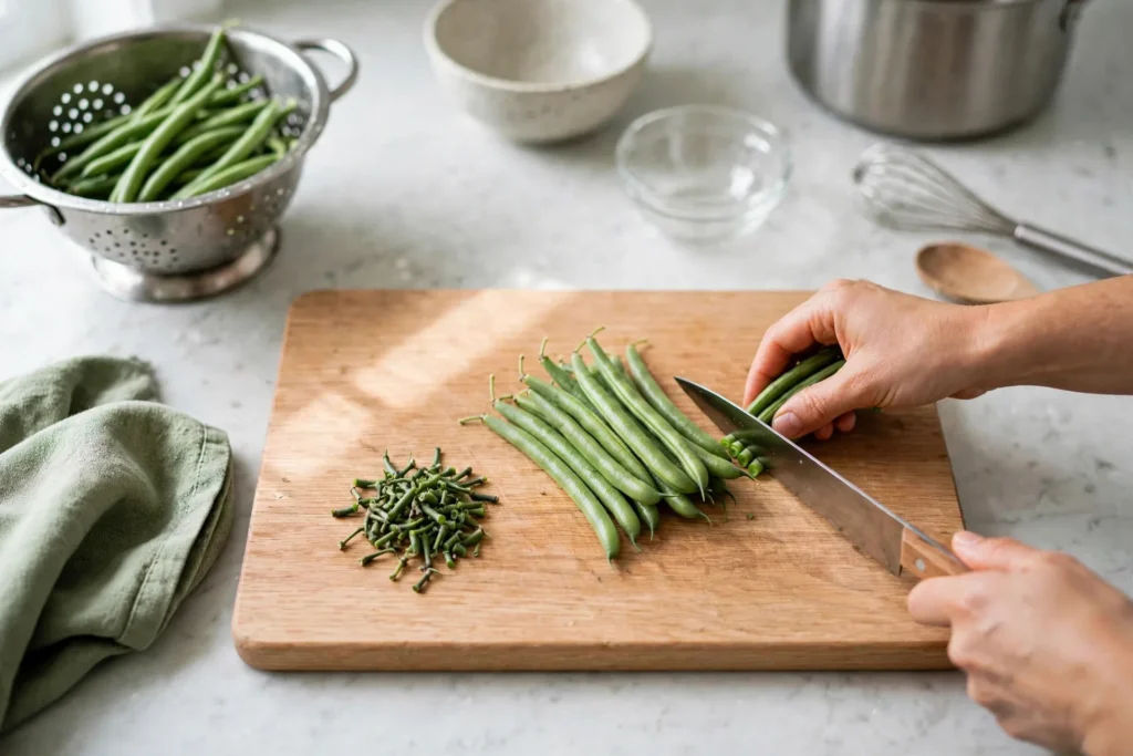 Trimming stem ends off green beans on a wooden board
