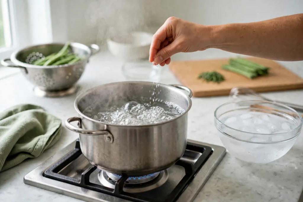 Hand adding salt to a pot of boiling water