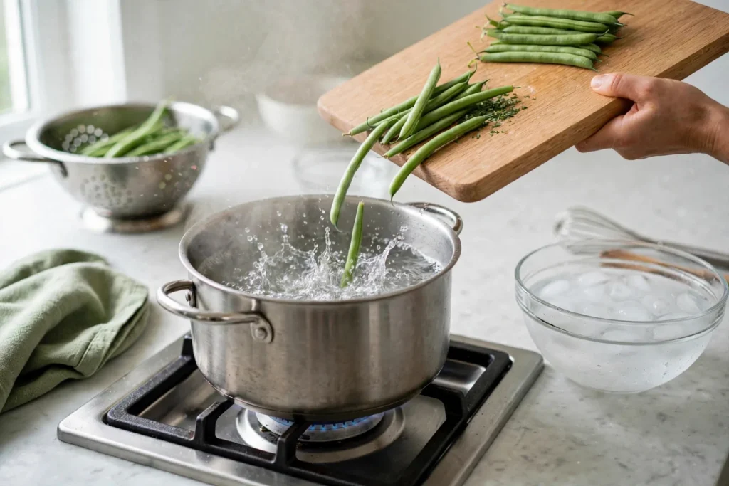 Sliding trimmed green beans into boiling water