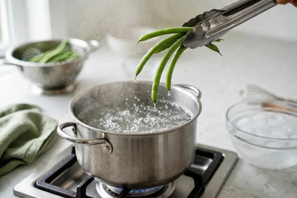 Lifting crisp-tender green beans from boiling water with tongs