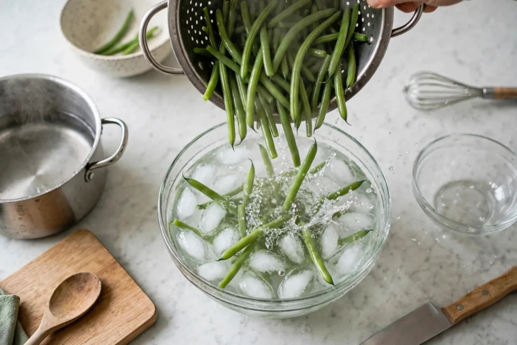 Transferring hot green beans into an ice water bath