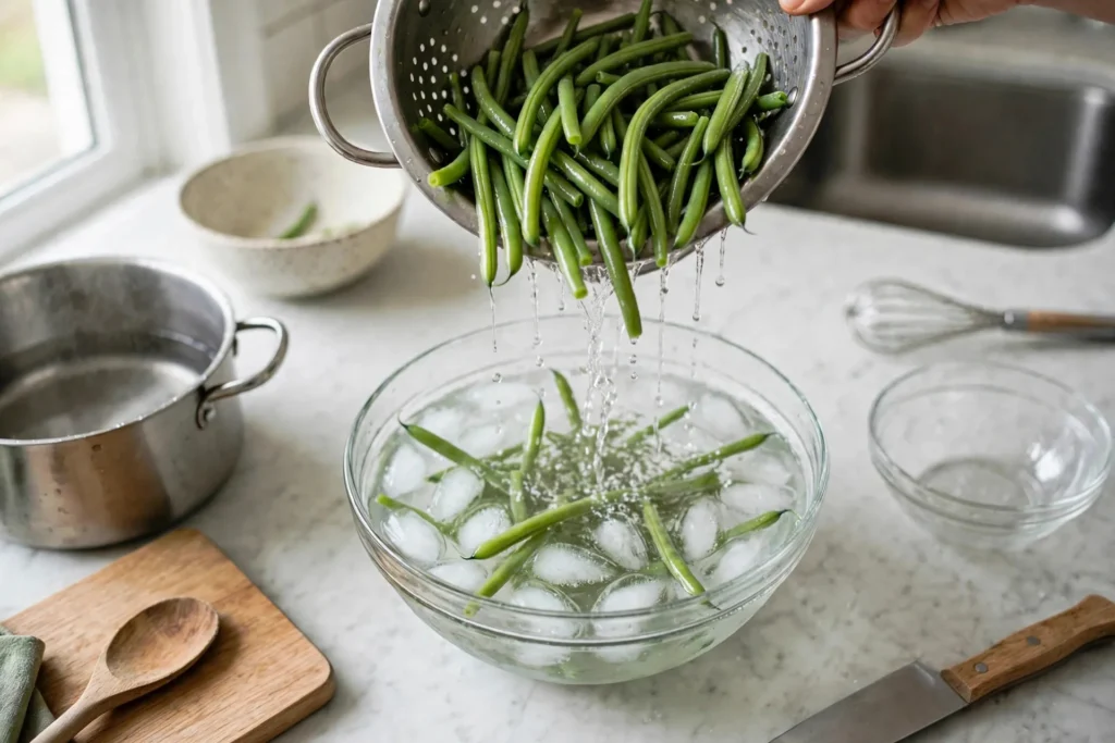 Draining blanched green beans in a colander