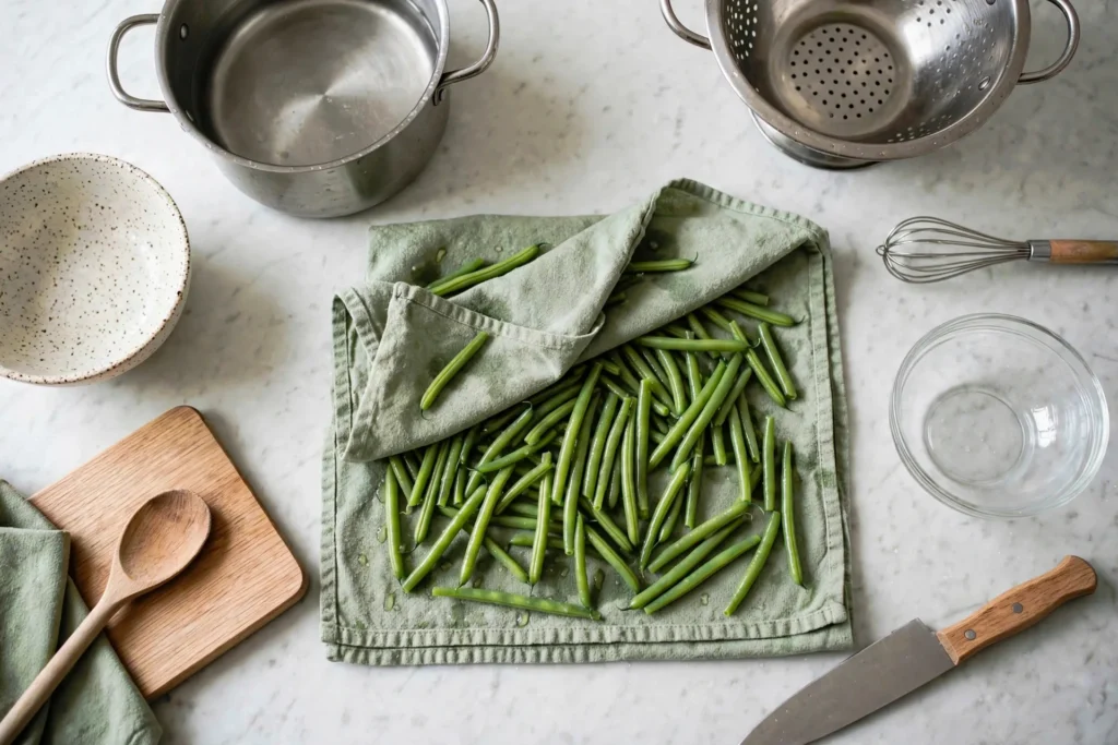 Drying blanched green beans on a linen towel