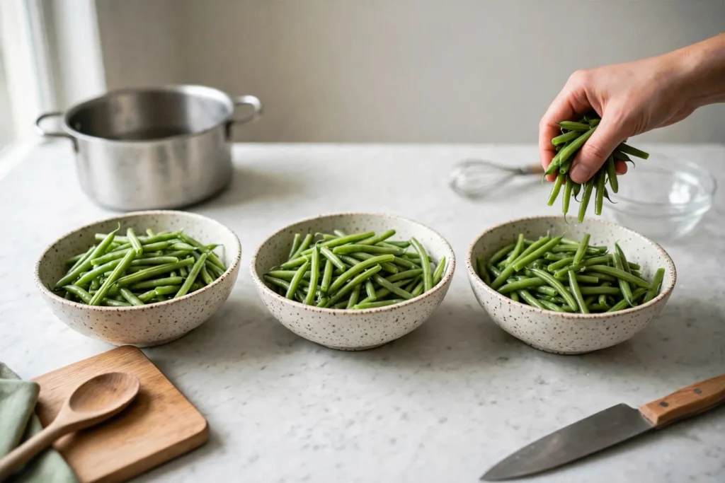 Blanched green beans divided into three stoneware bowls