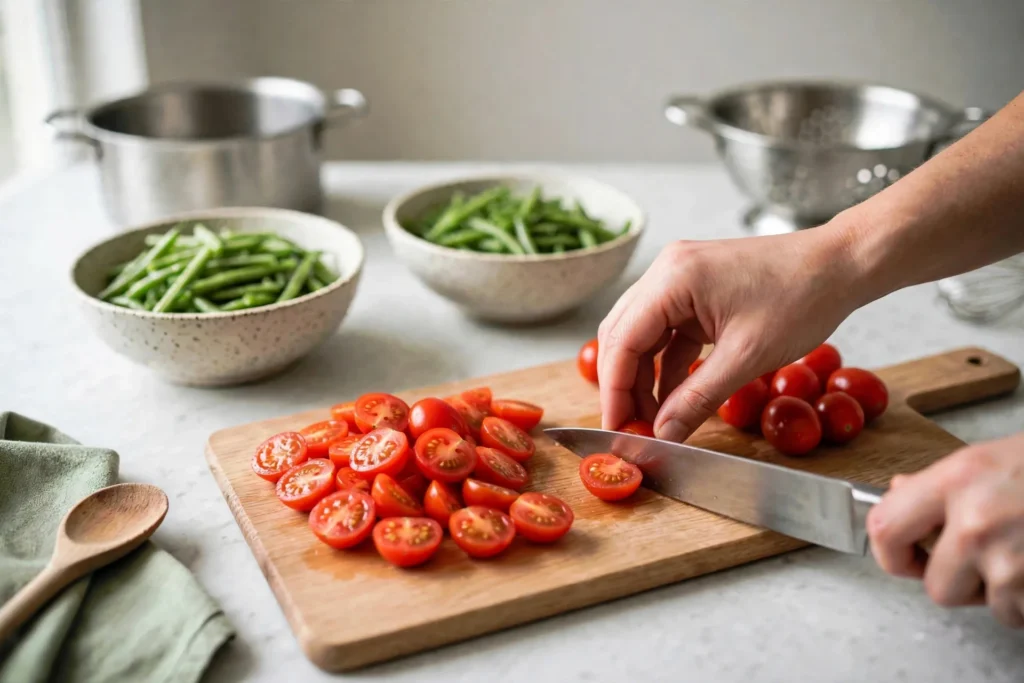Halving cherry tomatoes on a wooden cutting board