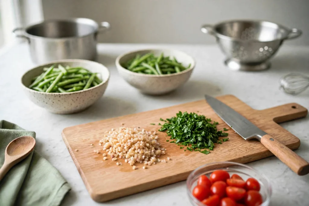 Minced shallot and chopped parsley on a cutting board
