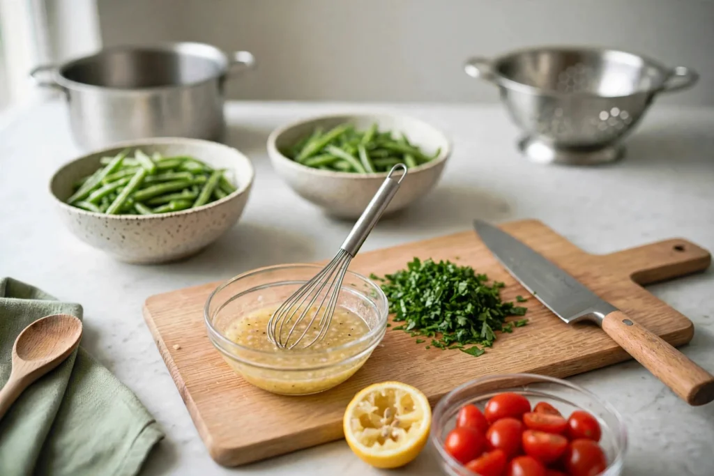 Whisking lemon-olive oil dressing in a small glass bowl