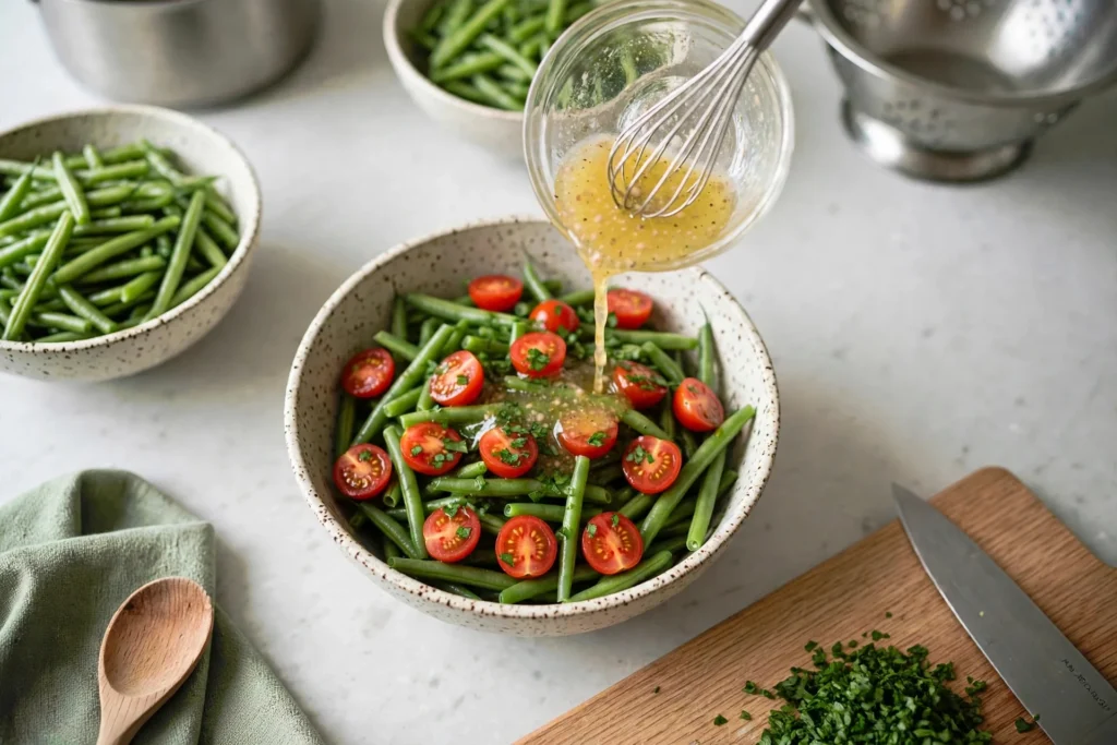 Drizzling lemon dressing over tomatoes, parsley and green beans