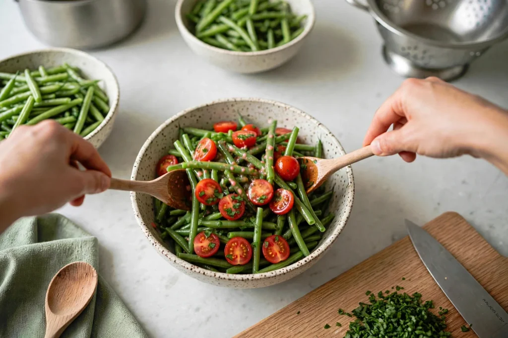 Tossing green bean, tomato and parsley salad with wooden spoons