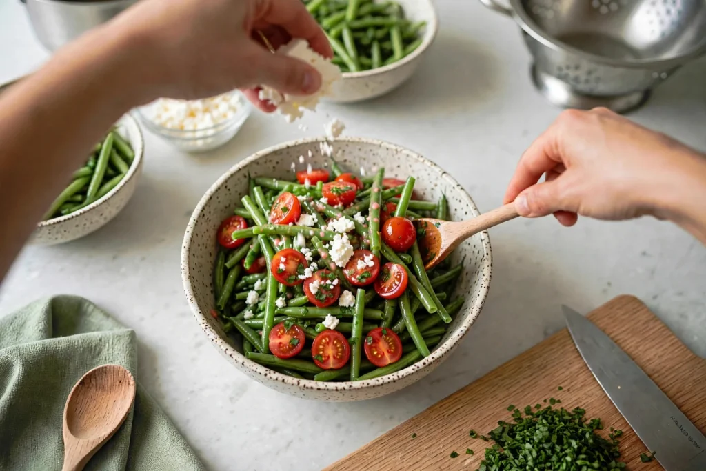 Crumbling feta over green bean and tomato salad